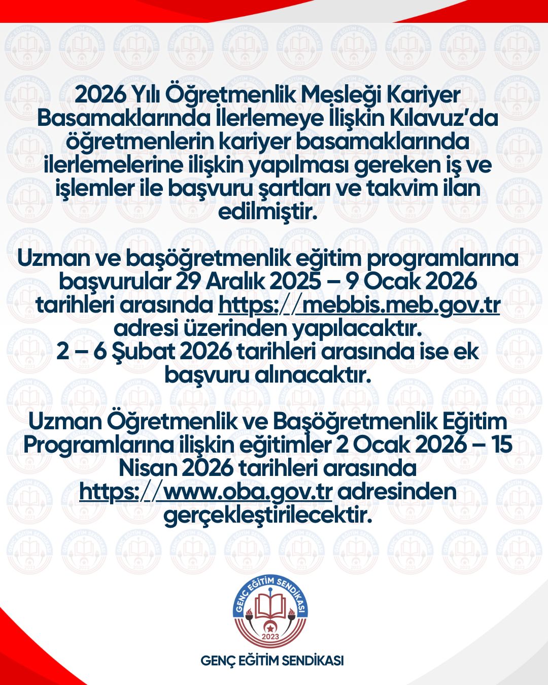 2026 Yılı Öğretmenlik Mesleği Kariyer Basamaklarında İlerlemeye İlişkın Kılavuz'da öğretmenlerin kariyer basamaklarında ilerlemelerine ilişkin yapılması gereken iş ve işlemler ile başvuru şartlan ve takvim ilan edilmiştir.